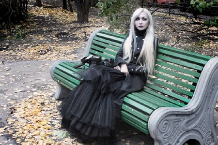 Mira Nox - goth, female, people, beautiful, model, blonde, bench, sexy