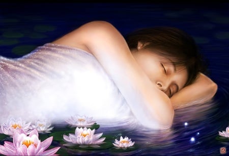 Ophelia Dreaming - flowers, cg, abstract, lotus, fantasy, female, artwork, 3d