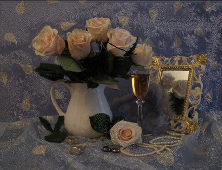 Exquisite - roses, cream, classy, blue, reflection, mirror, vase, pearls, beautiful, still life, petals, wineglass, white, ivory, jewelry, chic, glass