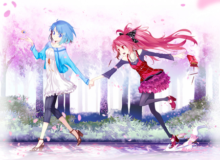 Mahou Shoujo Madoka Magica - short hair, 2 girls, miki sayaka, long hair, petals