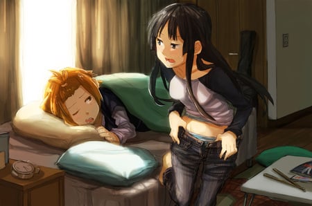 k-on - jeans, ritsu, sleep, black hair, blush, mio, brown hair