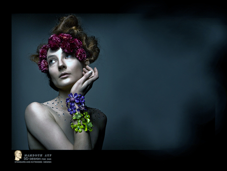 FLOWERS - blue, girl, flowers, hands, design, accessory, green, woman, face, 3d, sexy