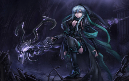 Dark Skull Cannon - gun cannon, dark skull cannon, big breasts, dark, female, anime girl, night, skull