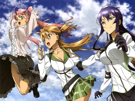 Highschool of the Dead - busujima saeko, anime girls, big breasts, sky, female, gloves, run, school uniform, highschool of the dead, miyamoto rei, cloud, takagi saya, hotd, smile, three girls, happy