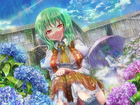 Kazami Yuuka - beauty, sexy, hot, rain, anime girl, red eyes, touhou, bow, houen, beautiful, flowers, green hair, cute, cirno, diayousei, dress