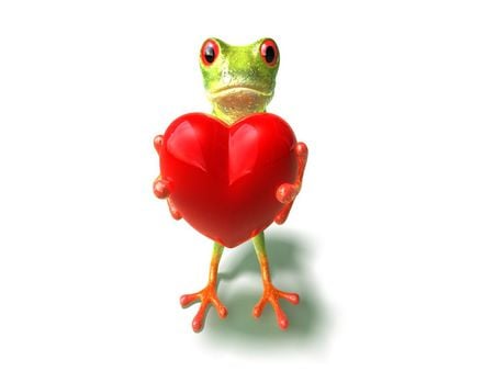 Frog Love - frog, animals, heart, valentine, white, 3d, red, green, card, orange