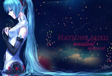 hatsune miku - twin tails, clouds, anime, miku, vocloid, night, stars, light