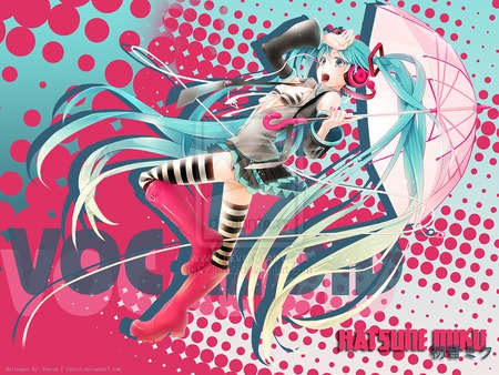 ahhhh - twin tails, pretty, anime, umbrella, striped stockings, vocloid, hatsune miku, welli boots