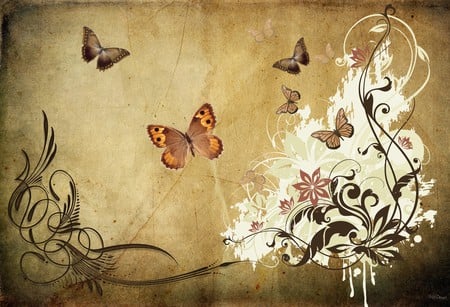 Abstract Grunge Butterflies - paint, vines, brown, butterflies, tan, drip, vector, firefox persona, grunge, swirls