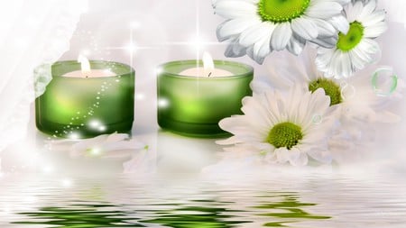 T Light a Candle - candle, stars, water, fire, bubbles, lit, glow, reflection, green, flowers, daisies, firefox persona