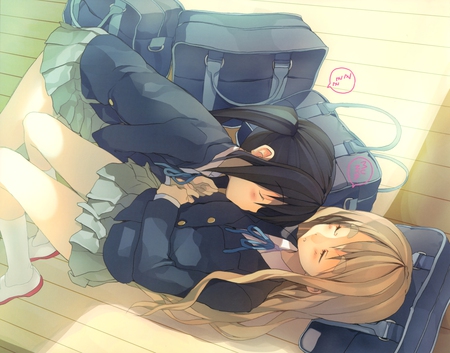 K-on - azusa, sleep, mugi, 2 girls, black hair, blonde hair, long hair, uniform