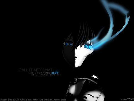 black rock shooter - black hair, black, long hair, blue eyes