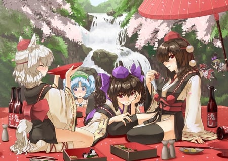 Relaxing Picnic - shameimaru aya, animal ears, tail, touhou, kirisame marisa, anime girls, hakurei reimu, hat, beautiful, hot, beauty, petals, drink, cute, thigh highs, sexy, bow