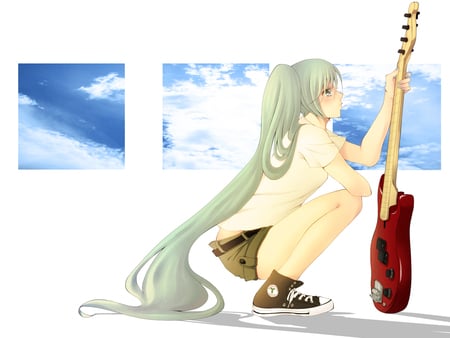 Vocaloid - guitar, thighhighs, music, room, anime girl, white, art, cool, shorts, aqua eyes, artistic, hatsune miku, song, long hair, vocaloids, program, vocaloid, beautiful, diva, beauty, nice, sky, twintail, singer, aqua hair, black, converse, virtual, pretty, idol, clouds, anime, miku, cute, shoes, girl, cg, hatsune, red, blue, digital, awesome