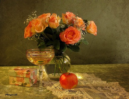 Stunning - vase, roses, yellow, peach roses, lace, still life, white wine, flowers, wine, wineglass, fruit, box, floral, apple