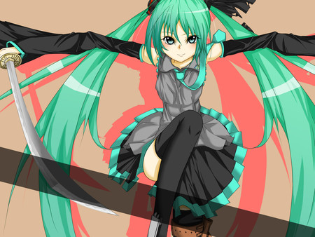 Hatsune Miku - tie, pretty, artistic, swordsman, uniform, nice, program, hot, thighhighs, sword, beauty, virtual, cg, white, cute, aqua eyes, song, sexy, vocaloid, anime, twintail, hatsune miku, music, aqua, red, katana, art, idol, anime girl, beautiful, singer, girl, cool, orange, black, miku, awesome, diva, skrirt, digital, aqua hair, hatsune, vocaloids