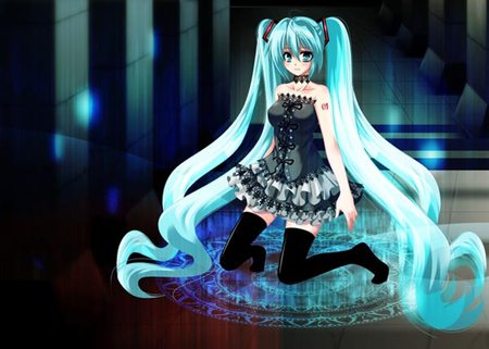 Hatsune Miku - aqua, hot, stage, thighhighs, music, anime girl, white, art, cool, aqua eyes, artistic, hatsune miku, summon, sexy, song, vocaloids, glow, program, vocaloid, beautiful, diva, dress, nice, beauty, twintail, singer, aqua hair, black, virtual, pretty, idol, anime, miku, cute, girl, cg, hatsune, digital, awesome, lights