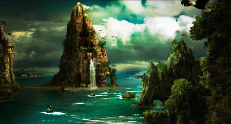 Secret World - ocean, abstract, eagle, islands, city, waterfall, fantasy