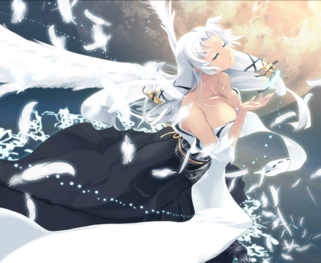 Angel of Fall - angel of fall, moon, anime girl, female, wing, angel, night, dream, fall, fly, white wing, feathers, sky