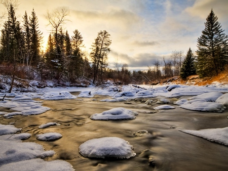 Beautiful River in Winter - winter, river, rocky, trees, sunrise, snow, cold