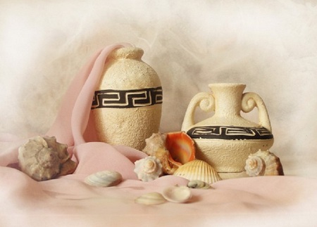 Sand and shells - egyptian, seashells, conch shell, creamy, vases, silk, shells, white, cloth, pink, ivory, beautiful, sand, spiral