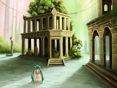 vocaloid - animal, dress, aqua hair, hatsune miku, wet, long hiar