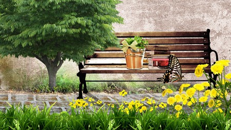 A Place to Rest - read, summer, books, spring, plants relax, tree, flowers, sidewalk, butterfly, bench, building