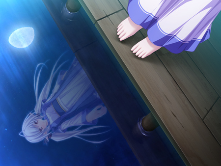 Angels reflection - moon, anime girl, water, suzukaze no melt, beautiful, hot, beauty, whirlpool, elf, cute, tenmaso, barefoot, sexy, game cg