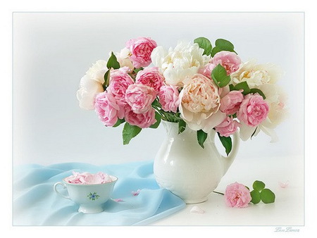 Peonies -still life - flowers, white, blue, tea cup white vase, pink, peonies