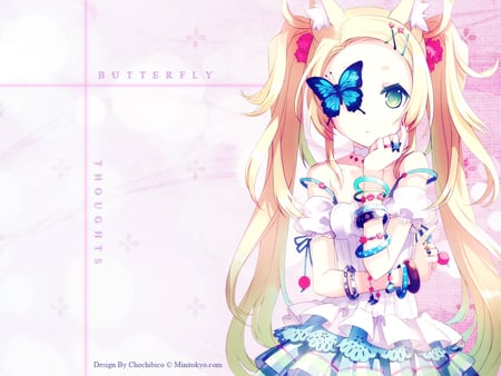 Butterfly Thoughts - cute, beauty, beautiful, hot, twintails, anime girl, dress, blonde hair, butterfly, sexy