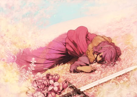 Sleeping Beauty - sleeping, beauty, flowers, sword