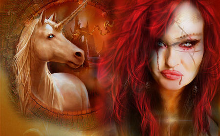 unicorn keeper - female, hot, eyes, glow, lips, fantasy, redhead, fire, woman, unicorn, new