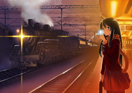 Beauty at train station - train, station, butterfly, female, anime