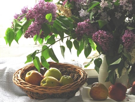 still life - vase, basket, apples, lilac, still life