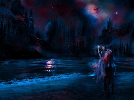 alanis ,princess of dark paradice(cosmic fantasy) - surean, desktop wallpaper, female, night, sand, light, space, amazing wallpaper, magicall, far lands, horse, skies, planets, castles, alanis morrisette, shadows, lakes, new, paradice, alanis, blue, amazing, stars, dark, starrayne, bats, cosmic, red, twilight, beautifull, lake, sky, castle, trees, gothic, dreams, fantasy, new wallpaper, enchanting, mountains, shine