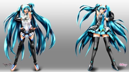 Miku Append & Hatsune Miku - tie, pretty, artistic, realism, real, uniform, nice, program, append, hot, thighhighs, beauty, virtual, cg, white, gray, cute, aqua eyes, song, outfit, sexy, vocaloid, anime, twintail, hatsune miku, music, aqua, art, idol, anime girl, skirt, realistic, miku append, beautiful, singer, girl, cool, black, miku, awesome, diva, digital, aqua hair, hatsune, vocaloids