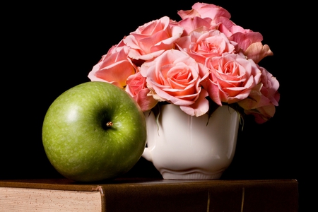 An apple a day - roses, jag, pink, vintage, green, apple, still life