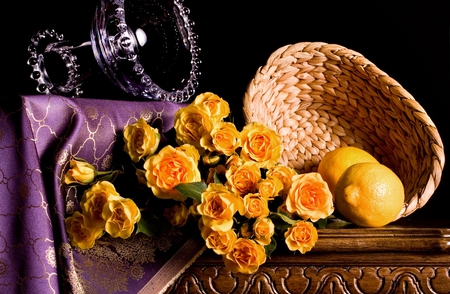 Roman Summer - roses, basket, yellow, bouquet, still life, glass bowle, lemons