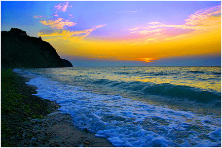 Sunset and surf - shore, surf, sunset, water, golden sky, evening, ocean