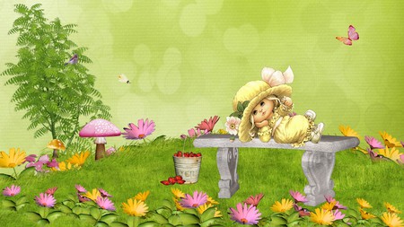 Just Resting - mushrooms, hat, girl, field, child, bir, butterfly, strawberries, bug, rest, sweet, flowers, firefox persona, cute