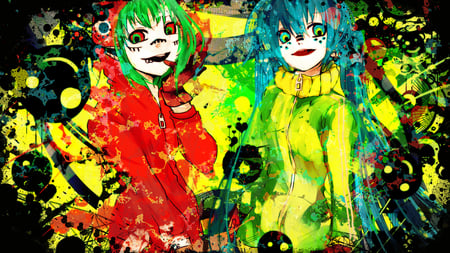 Vocaloid - gumi, miku, colors, aqua hair, green eyes, long hair, green hair, red eyes