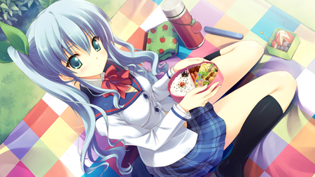 Lunch break - hoshi no uoji, anime girl, twintails, ringo aoi, beautiful, hot, food, seifuku, beauty, green eyes, kun, cute, sexy, schoolgirl, game cg