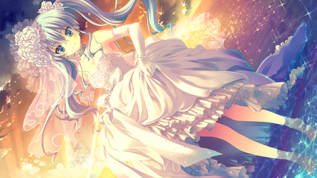 Beautiful Bride - bride, anime girl, water, twintails, ringo aoi, beautiful, hot, beauty, wedding dress, sunset, gray hair, cute, hoshi no ouji, sexy, game cg