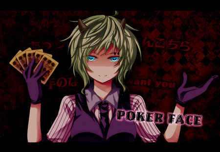 Poker Face - anime girl, vocaloid, beautiful, hot, beauty, horns, cards, gumi, cute, vocaloids, sexy, demon