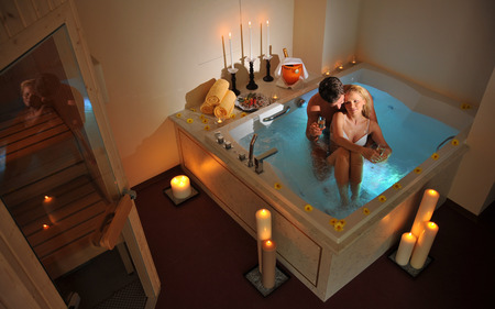 Romance - pretty, calm, relaxation, female, jacuzzi, romance, man, flowers, style, blond, candles, nice, luxury, spa, beautiful, decor, photography, girl, lovely, cool, love, architecture, drink, harmony, sauna, champagne, design, woman, modern, peaceful