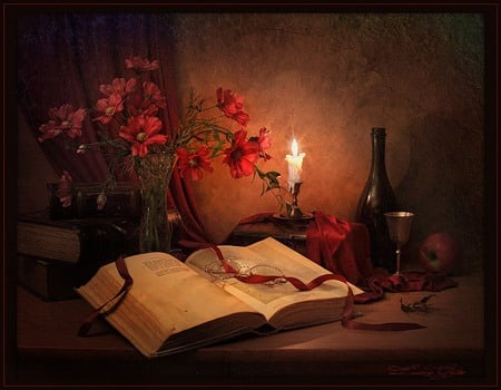 still life - nice, glasses, photography, bouquet, still life, pretty, cool, ribbon, old, apple, harmony, candle, glass, lovely, fruit, vase, red, beautiful, books, flowers, photo, candlestick, elegantly, flower