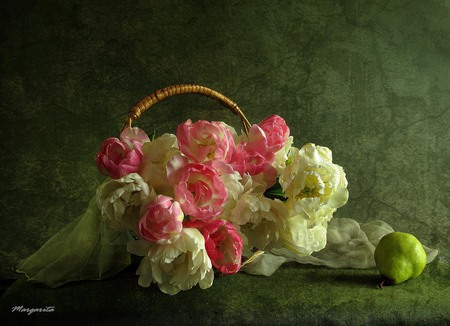 still life - nice, photography, tulips, basket, bouquet, still life, white, pretty, cool, green, harmony, pear, scarf, gentle, lovely, fruit, pink, beautiful, tulip, flowers, photo, elegantly, flower