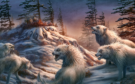 The Siege - winter, fantasy, hunters, siege, abstract, forest, beautiful, artwork, wolfs, eskimo, painted