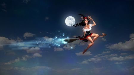 Sweetwitchy - cute, bust, abstract, broom, full, hat, mouse, swieta, riding, amerykanskie, good, halloween, knock, night, dress, sky, witch, legs, okazjonalne, clouds, smile, moon, 3d cg