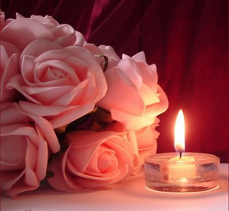 Glow on the roses - flame, glow, candle, roses, pink